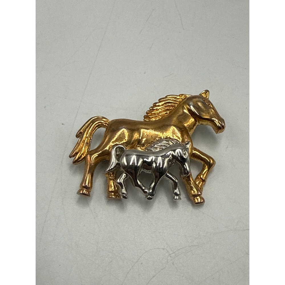 Vintage Two Tone Horse and Foal Brooch Pin Gold Silver Tone Equestrian Jewelry